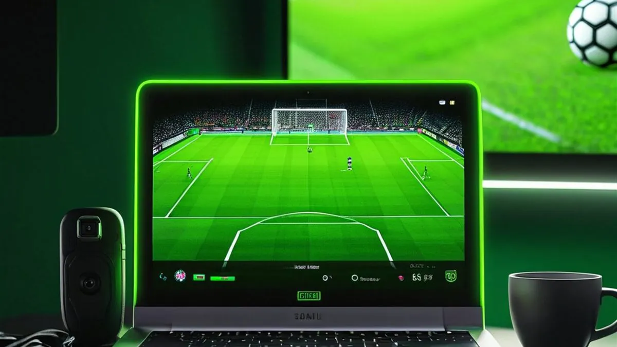 Laptop y monitor transmitiendo un partido de futbol en una cancha verde