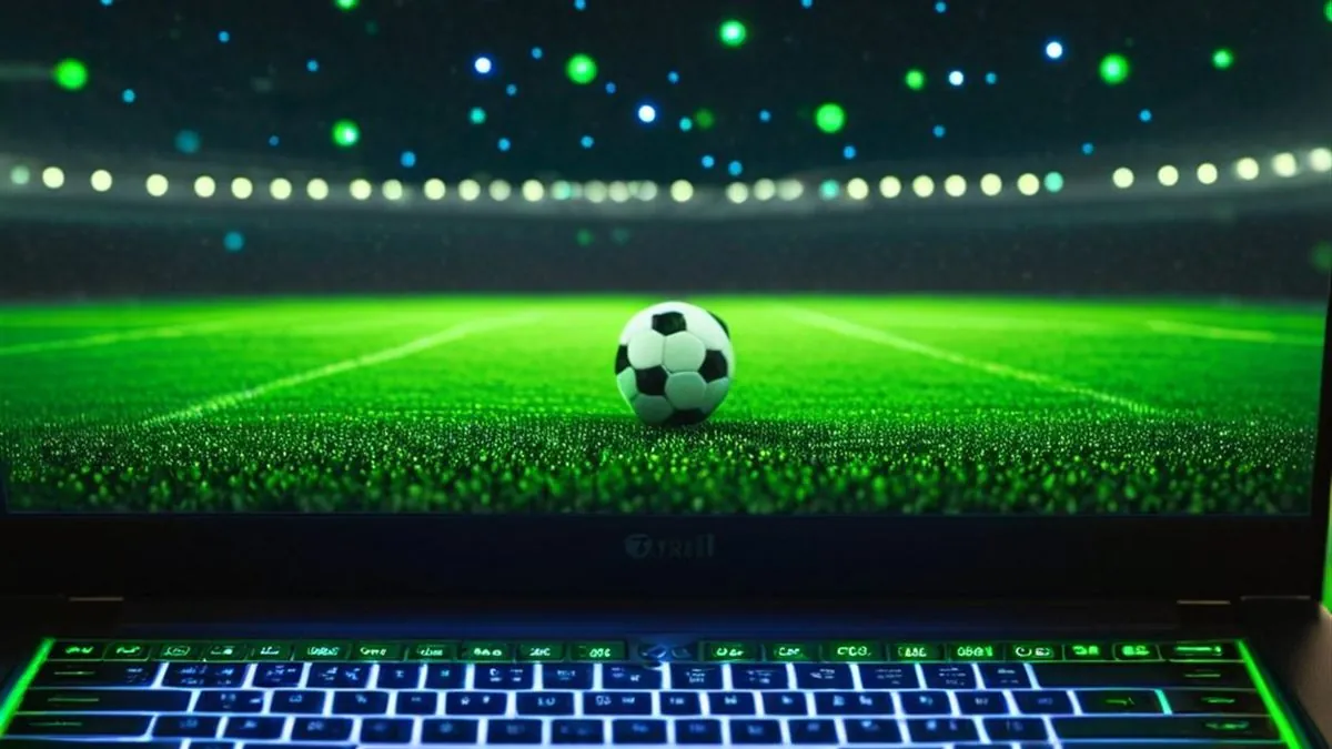 Laptop con un balón de futbol sobre una cancha verde iluminada en la pantalla