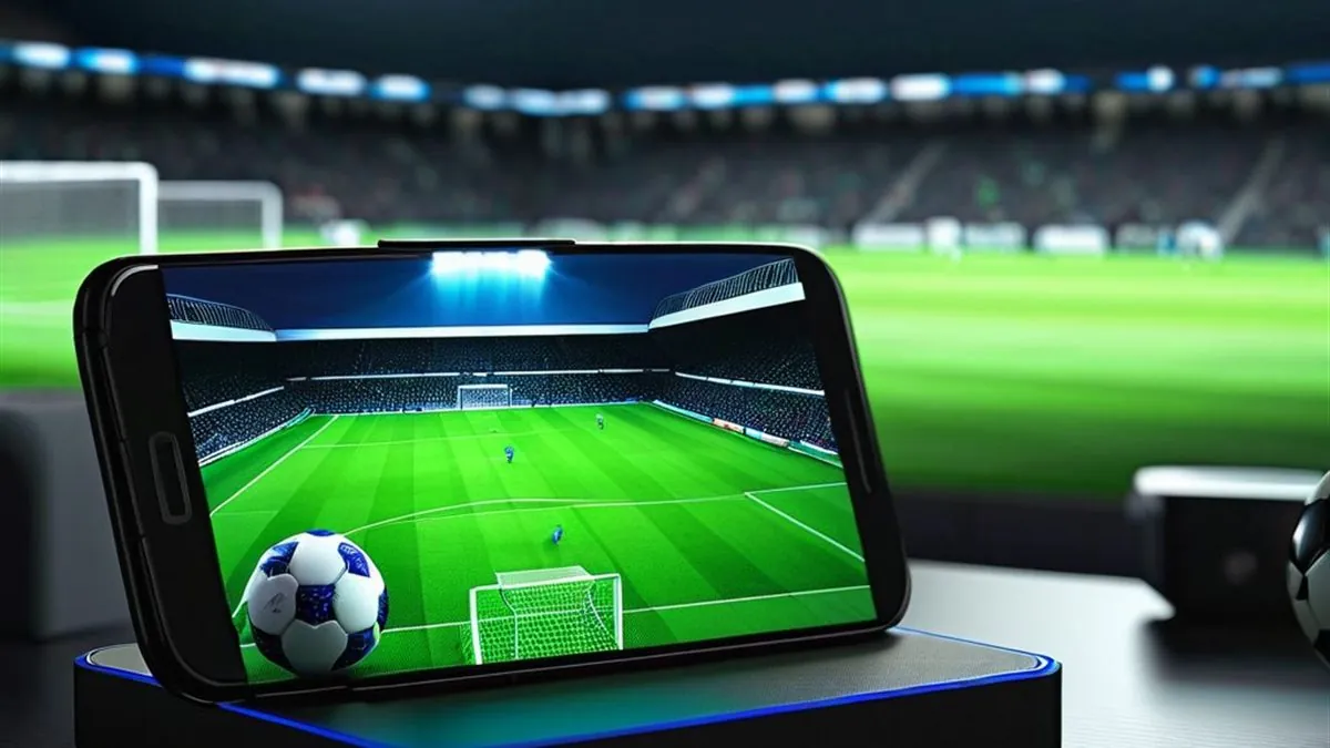 Celular en un soporte transmitiendo un partido de futbol con un balón al lado