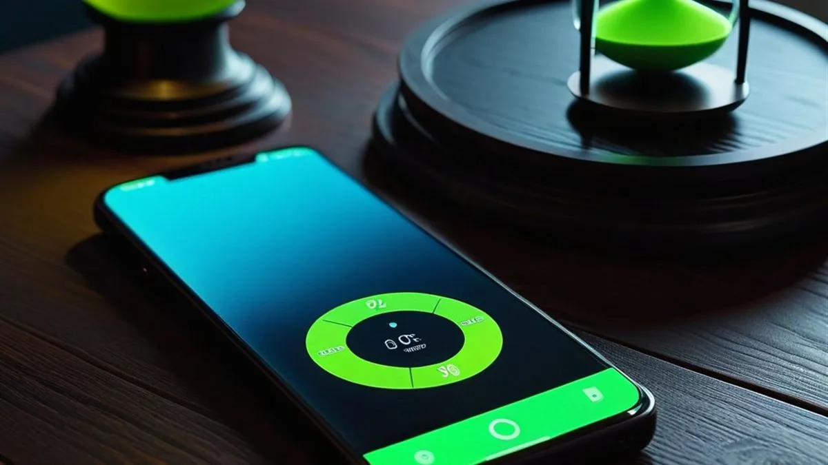 Celular con un temporizador verde en pantalla junto a un reloj de arena sobre la mesa
