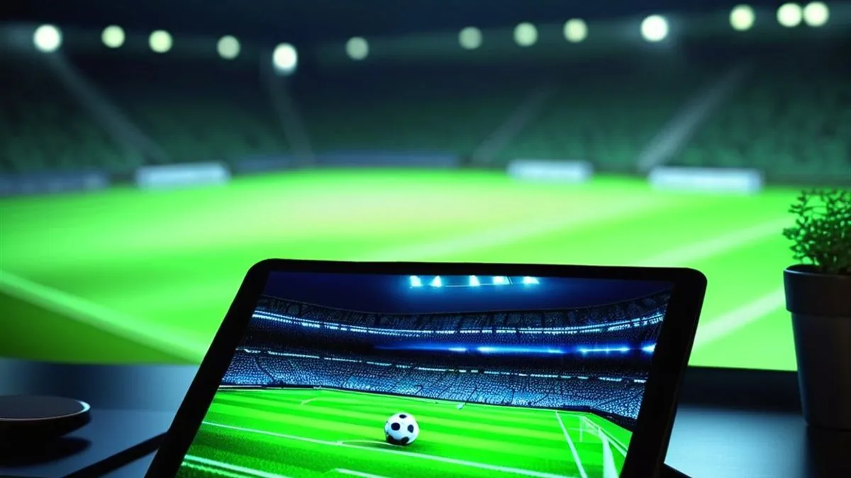 Tablet con un estadio de futbol de noche en la pantalla sobre un escritorio