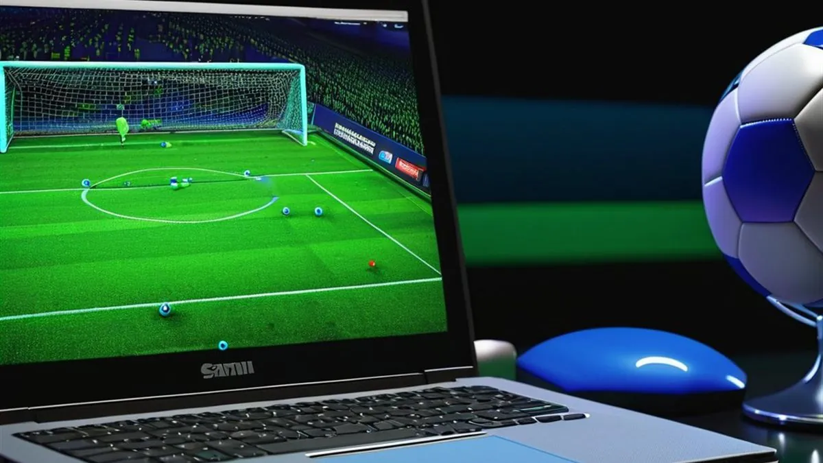 Laptop con una cancha de futbol en pantalla junto a un balón azul y blanco